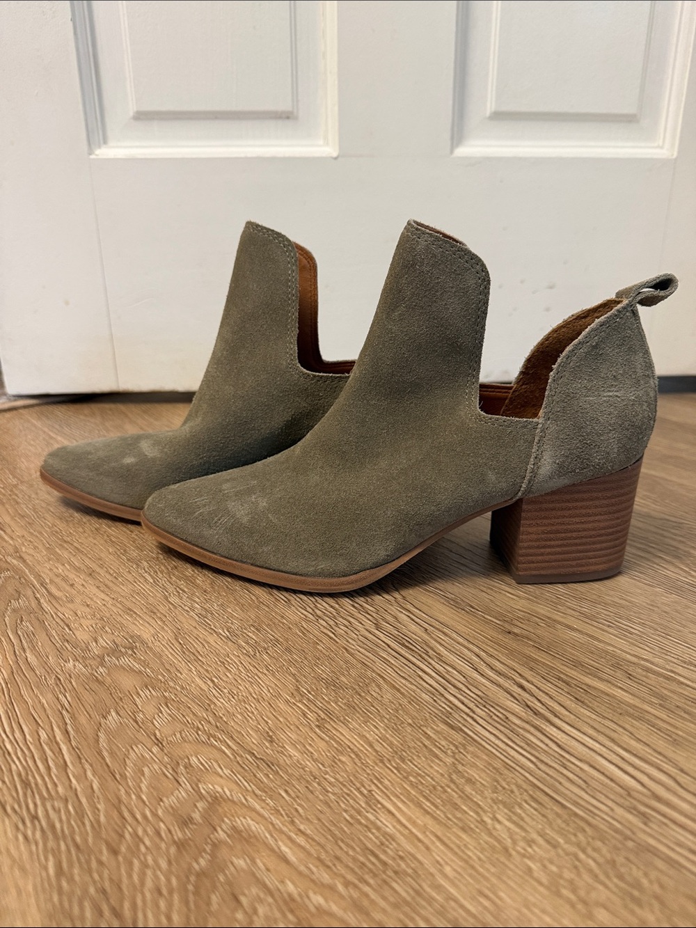 Lucky Brand Olive Suede Cutout Block Heel Ankle Bootie